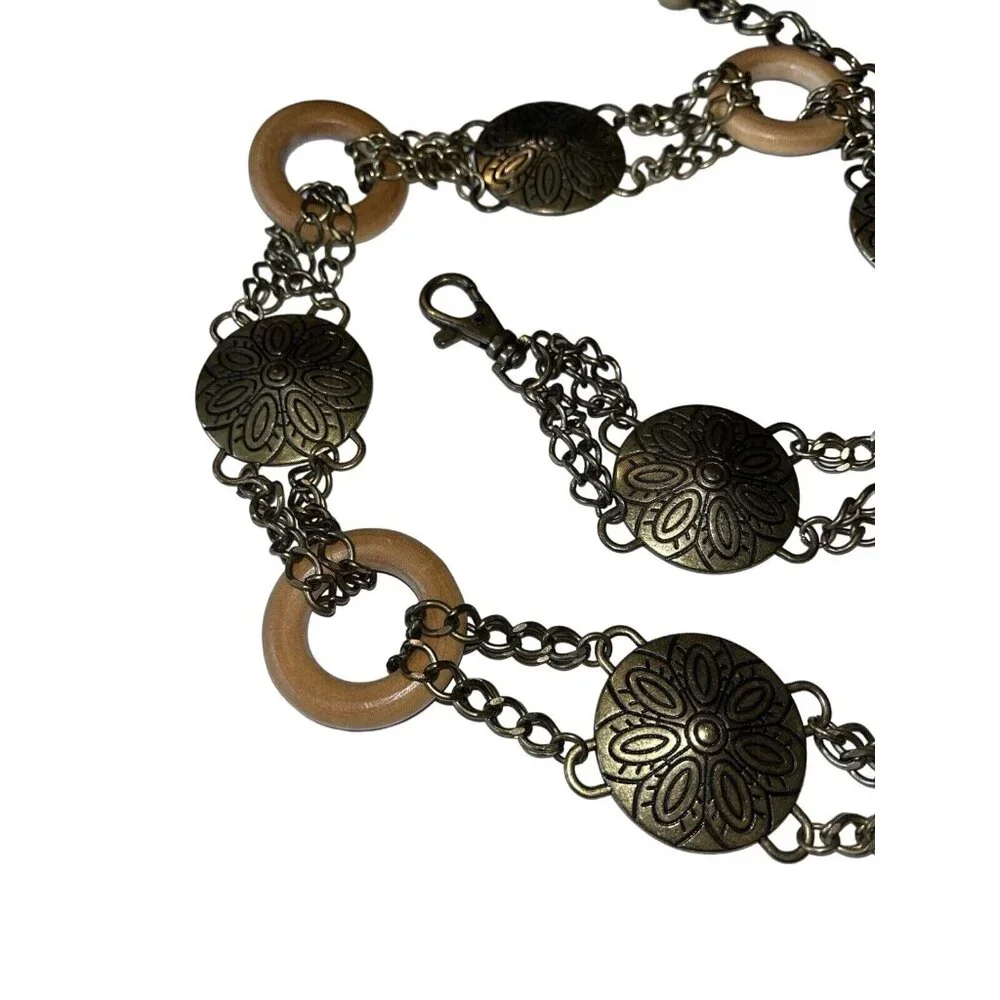 Engraved Gold Antique Brass Disc Wood Ring BOHO Hippie Festival Chain Belt 35